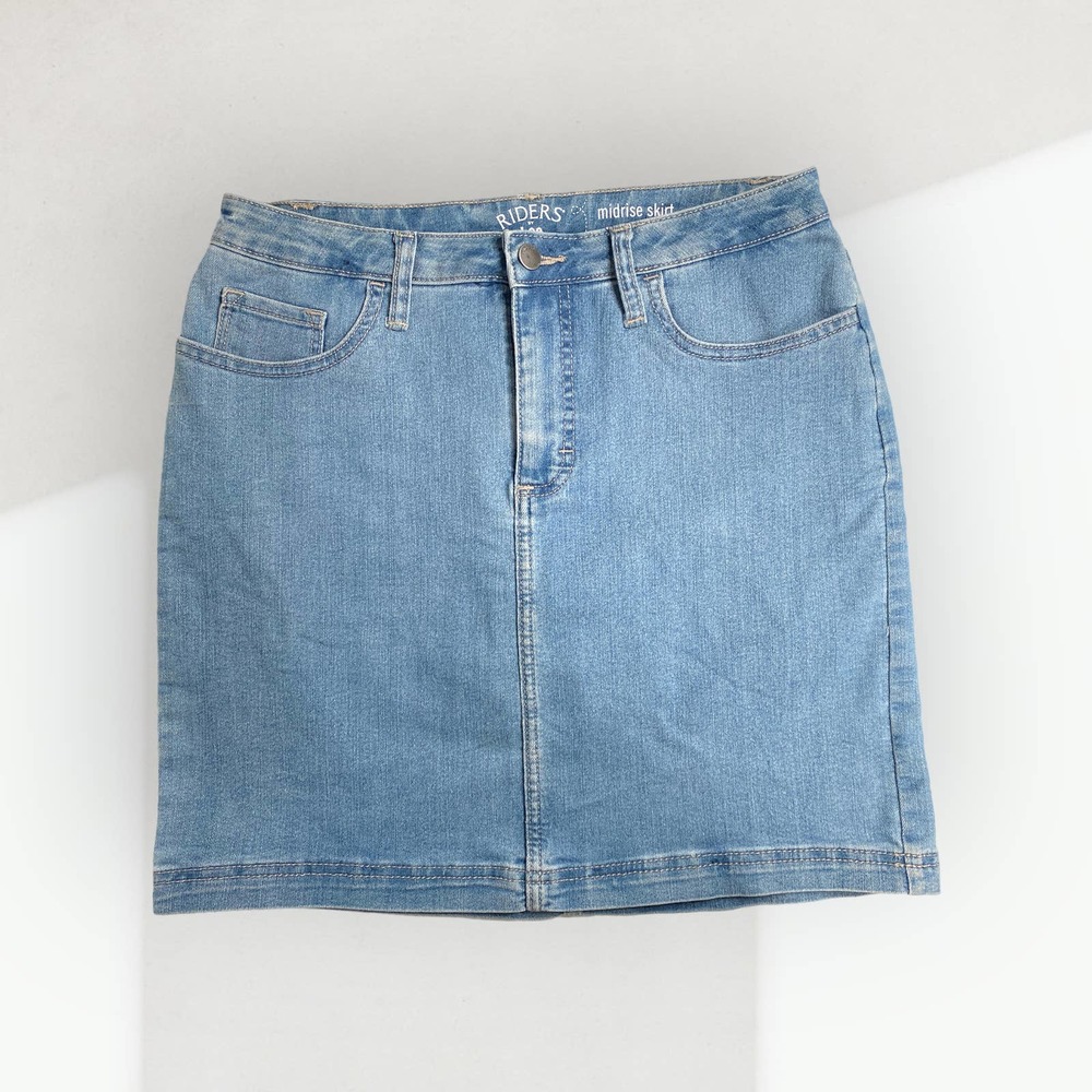 Riders by Lee Womens Jean Denim Skirt Skort Size 8 Midrise Medium Wash Pockets